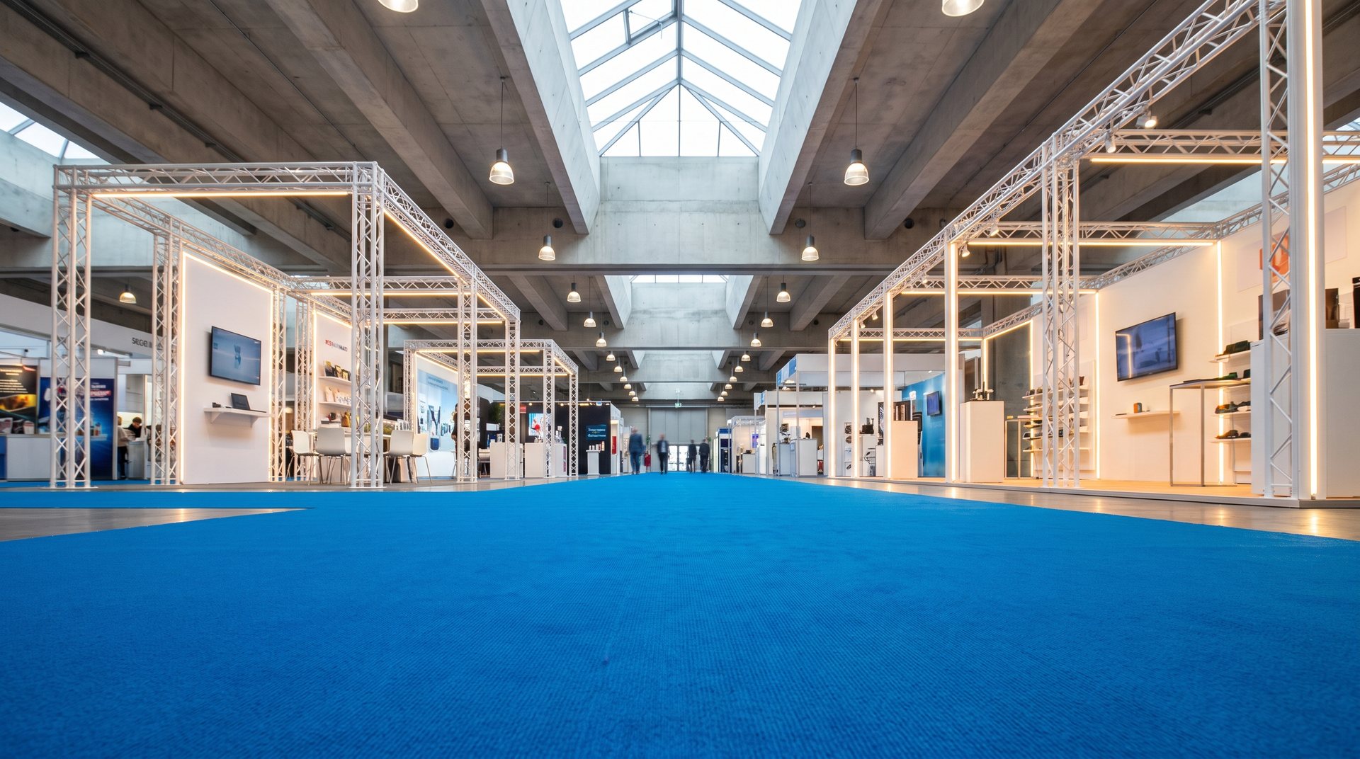 Pasillo de expo con alfombra azul caraibi