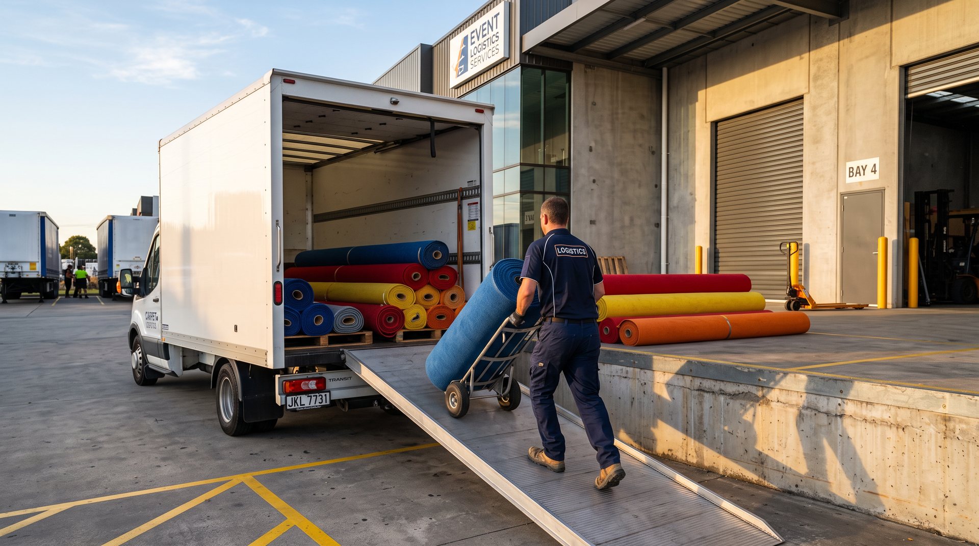 Camioneta cargando rollos de alfombra de colores